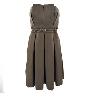 Black Halo Brown Strapless Dress Pleated Belted With Pockets A-Line Sz Small